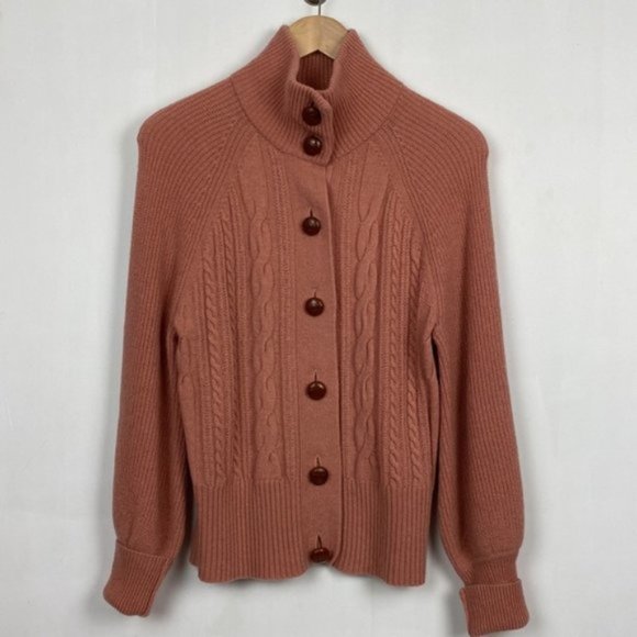 J.Crew S Salmon Cardigan Cable Knit Faux Leather Buttons Lambs Wool - Picture 2 of 14